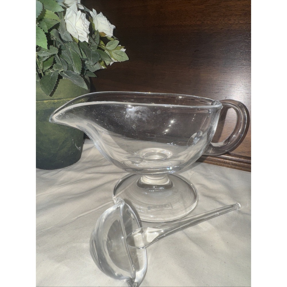 Vintage KROSNO Footed Gravy Boat Crystal Glass Sauce with Applied Handle & Spoon